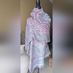 Elegant Pink Blue & Grey Boho  Style Patterned Scarf Wrap 70"x28"